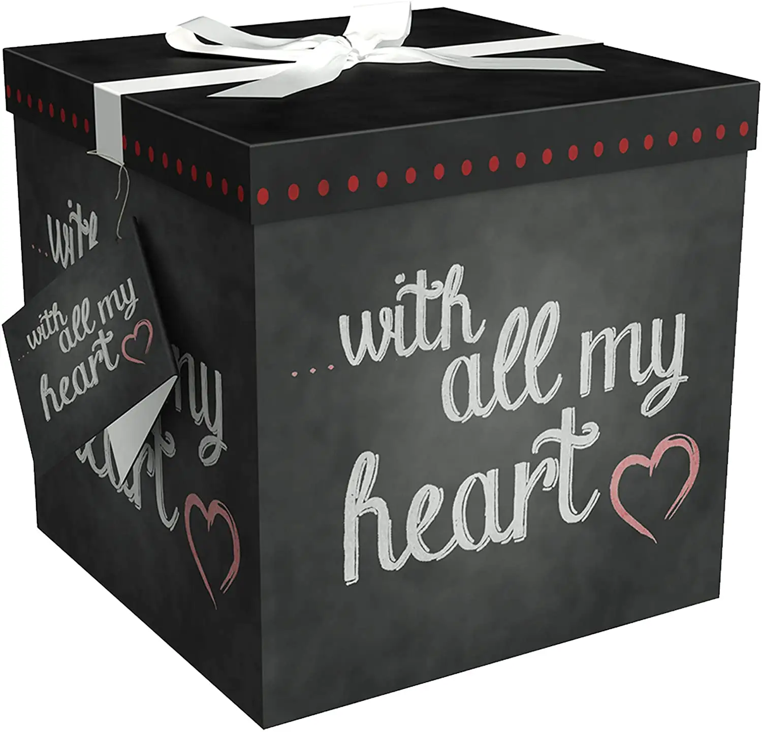 The lid contains a decorative ribbon gift tag and thin paper Amrita Heart pops out the 9x9x9 gift box instantly