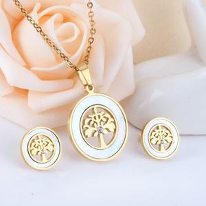 Collier et boucles d'oreilles personnalisés en acier inoxydable, forme ronde creuse, motif Arbre de Vie, ensembles de bijoux très demandés - Product Image 5