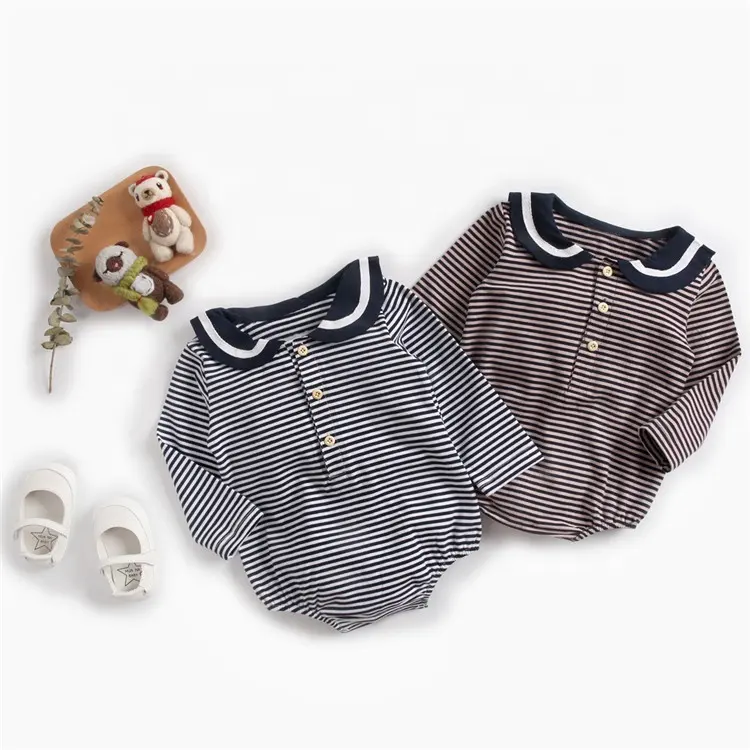 Mangas compridas Primavera Outono Peter Pan Collar Padrão Listrado Bebê Meninas Romper Bodysuit Roupas Infantis