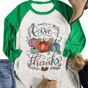 2021 USA New Give Thanks Pumpkin Print Thanksgiving Ribbed O-Neck Seven-Point Sleeves T-Shirt For Women Wholesale Free Shipping