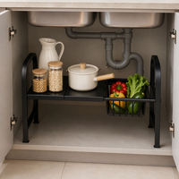 Étagère de rangement sous évier à un niveau avec 1 panier extensible, support de rangement pour armoire de cuisine, économiseur d'espace réglable, métal noir