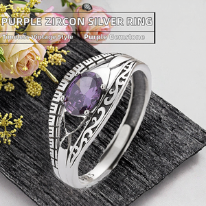 S925 Sterling Silver Electroplated <b>Open</b> Band <b>Ring</b> Purple Zircon Luxury Vintage Unique Designer Jewelry Unisex Everyday Wear <b>Ring</b> - Product Image 1