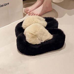 2026 Winter Custom Indoor Fashion Fur Ladies Open Toe Plastic Thick Bottom Flat Plush High Quality <b>Home</b> Fluffy - Product Image 2