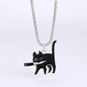 2024 New Arrival Silver Plated Alloy Pendant Necklace Hip Hop Knife Cat Necklaces for Women and Girls