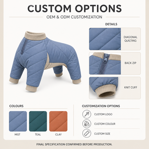 Manteau matelassé bleu pour chien avec bordure beige, vêtement d'hiver rembourré pour chiens, style décontracté moderne, vêtements pour animaux de compagnie de couleur unie - Product Image 2