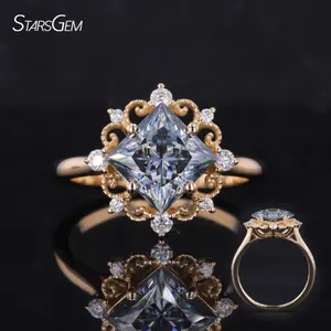 Starsgem 7.5x7.5mm Bague de fiançailles vintage en or jaune 14 carats avec moissanite grise taille princesse