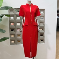Vente en gros de vêtements de boutique : Nouvelle robe d'été tendance pour femme, col montant, simple boutonnage, coupe ajustée aux hanches