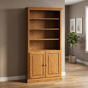 Traditional Teak Wood <b>Bookcase</b> with Lower Storage <b>Cabinet</b> Doors - Product Image 2