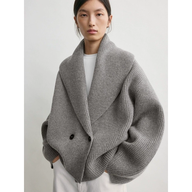 Women's Spring Casual Long Knitted Jacket Wool Blended Cardigan with Fruit Solid Button for Everyday Wear
