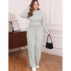 FOXA Women's 2 Piece Lounge Set <b>Mock</b> <b>Neck</b> Long Sleeve Sweatsuit Casual Autumn Outfit Breathable Knitted Pants Set - Product Image 4