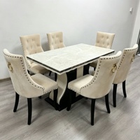 Ensemble de table et chaises de salle à manger en bois massif minimaliste moderne avec plateau en marbre, forme rectangulaire, finition noire, 6 places, assemblage requis