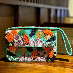 Handmade Embroidered Floral Glass Beads Polyester Washable Rectangular Shape <b>Green</b> Trim Pink Coral Craft Art Collectible <b>Purse</b> - Product Image 1