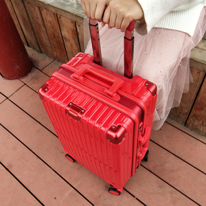 Red Trolley <b>Suitcase</b> 4 Wheel Zipper <b>Lock</b> Women's Travel Case Durable Solid Color - Product Image 1