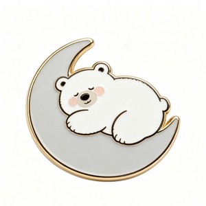 <b>Cute</b> Polar <b>Bear</b> Sleeping On Moon Metal Pin Gold Plated Hard Enamel Animal Theme Collectible Lapel Pin - Product Image 1