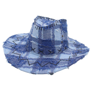 Old Western Cowboy Hat Made of Scrap Cloth with a Checkered European and American Jazz Top Hat and a Windbreak Rope