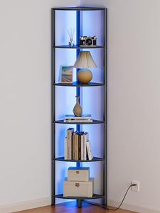 Étagère d'angle noire étroite de 67,5 pouces de hauteur avec étagère de rangement à 6 niveaux et éclairage LED - Product Image 1