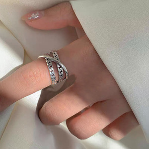 S925 Sterling <b>Silver</b> Double Chain <b>Cross</b> <b>Ring</b> Adjustable For Women Jewelry <b>Silver</b> Color - Product Image 1