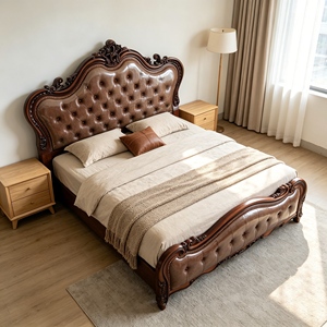Victorian King Size Leather Upholstered Bed with Tufted Headboard and Carved Wood Frame - Product Image 5