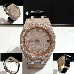 Montre en or rose sertie de diamants Moissanite VVS, boîtier rond, cadran en verre, acier inoxydable, résistance à l'eau 10 bars, bracelet à fermoir - Product Image 1