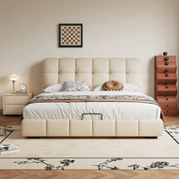 Lit Queen Moderne Italien Minimaliste de Luxe Léger avec Cadre en Bois de Chêne, Pieds Métalliques Réglables, Rangement en Cuir Véritable et Double Coussin Rembourré