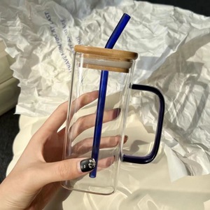 Vaso cuadrado de pajita de vidrio de borosilicato de 400ml con mango colorido, accesorios de barra de uso doméstico para bebidas frías, jugos, leche - Product Image 6