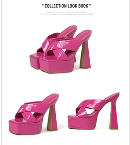 Nuevo Modelo de Sandalias de Plataforma con Tiras Cruzadas de Piel Sintética, Tacón Grueso, Color Negro, Rojo Rosa, Amarillo Fluorescente y Albaricoque - Product Image 6