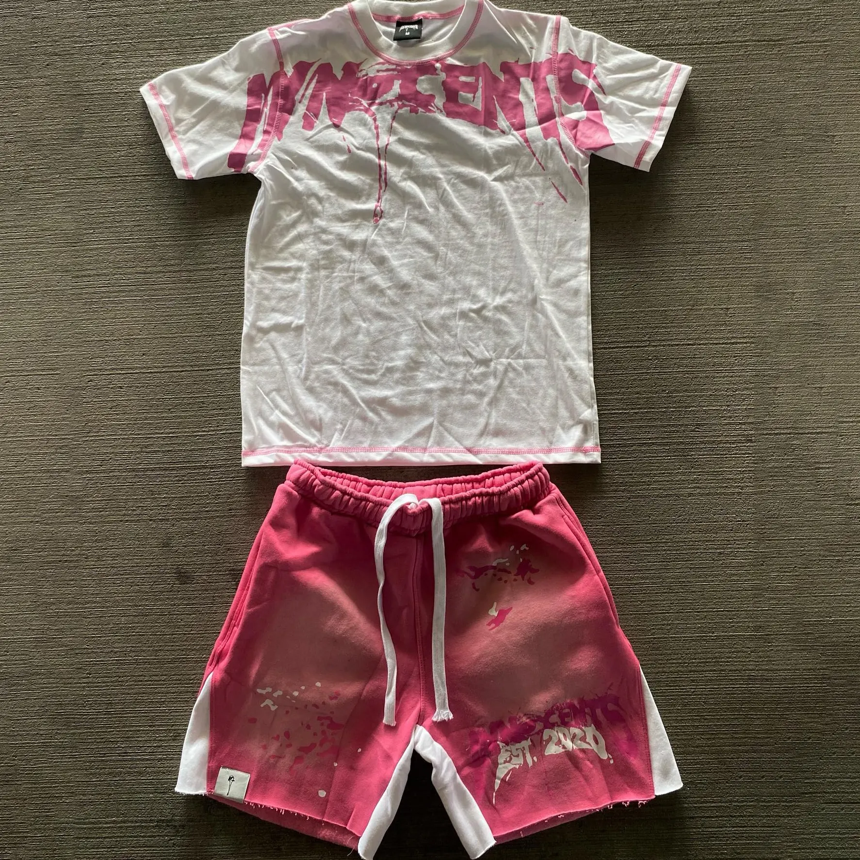 custom logo design two piece mens summer suit 2 piece acid wash shorts and t shirt set for men clothing