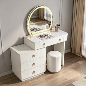 Tocador Moderno Blanco con Espejo LED Redondo, Cómoda de 3 Cajones y Taburete Acanalado para Dormitorio - Product Image 1