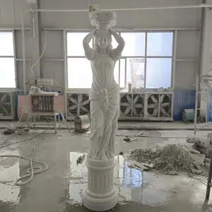 Custom Natural Marble Roman Pillar White Stone Greek Column Pillar With Lady Statue For Decoration