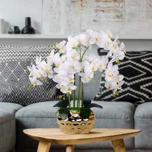 Orchidea artificiale <span class=keywords><strong>in</strong></span> <span class=keywords><strong>vaso</strong></span> d'oro bianco finto orchidea pianta <span class=keywords><strong>in</strong></span> <span class=keywords><strong>vaso</strong></span> d'oro composizione floreale <span class=keywords><strong>fiori</strong></span> <span class=keywords><strong>bianchi</strong></span> - Product Image 2