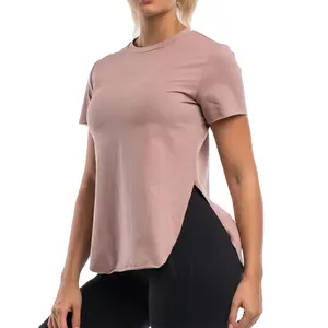 Factory supplier high quality breathable summer side slit design running sport plus size oversize t shirt for women