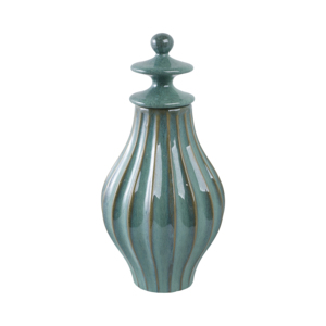 Vaso Decorativo in Ceramica Scanalata con Coperchio, Verde Teal, 12 Pollici, Scultura Decorativa per Soggiorno e Camera da Letto - Product Image 1