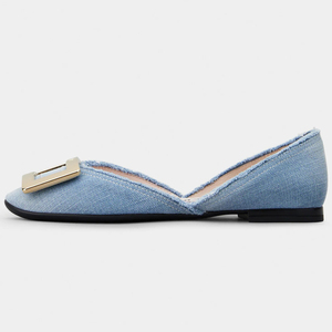 Luxury Famous Brand <b>Denim</b> Upper With Buckle Design Square Toe Shape Casual Dress Slip on Flat Woman Shoes - Product Image 2