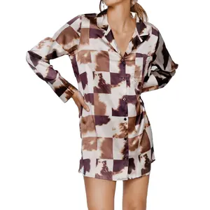 Hot Sale Ladies Sleepwear Pijama Mulheres Vaca Imprimir Lapel Collar Botão Down Long Sleeves Luxuoso Confortável Cetim Nightshirt