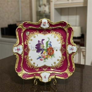 luxury blue and red bone china square plate gold-rimmed relief decoration fruit plate for rich - Product Image 2