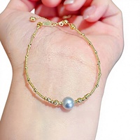 Bracelet en perles Akoya, perles rondes d'eau de mer authentiques, bleu gris, 7-8 mm, chaîne en or 18 carats, fermoir coulissant, vente en gros pour femmes