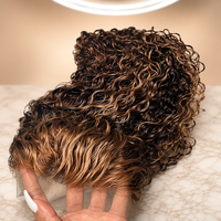 Peluca de Cabello Humano Vietnamita Virgen con Reflejos Marrón, Rizado Profundo, Pre-Desplumada, Sin Pegamento, Encaje Frontal 13x6, Mezcla de Colores Piano y Rubio Miel