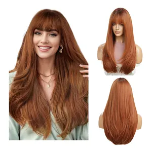 Shinein Wig rambut palsu lurus coklat oranye Wig sintetis panjang lurus tahan panas dengan poni