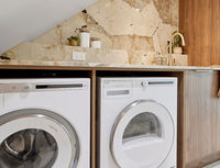 Meubles de buanderie modernes en placage de bois Vermonhouzz - Système de rangement haut de gamme pour buanderie avec finition résistante à l'eau
