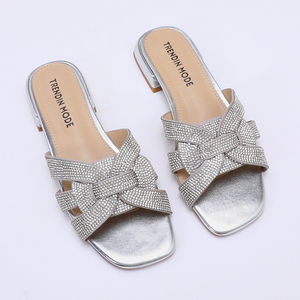 Silver PU Women <strong>Slipper</strong> Flat Light Weight Slip-On Customized <strong>Diamante</strong> Comfort Soft Footwear for Autumn/Spring/Summer - Product Image 2