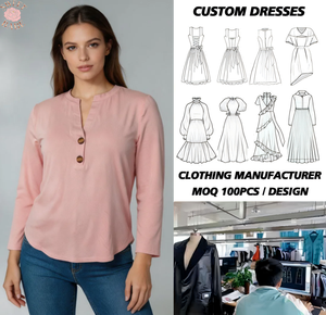 Blusa de Popelina de Algodón Rosa para Mujer, Manga Tres Cuartos, Cuello en V, Abotonada, Color Sólido, Corte Regular, Informal - Product Image 1