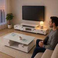 Console multimédia blanche avec table basse, ensemble de rangement à 4 tiroirs et étagère ouverte, motif floral, meuble TV avec pieds argentés pour la maison