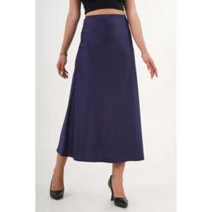 Falda larga de satén azul marino con volantes, 100% seda brillante, corte en A, para mujer - Product Image 5