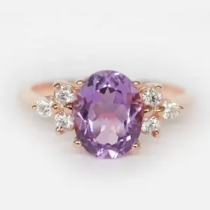 Beautiful Design Amethyst Jewelry Healing Oval Cut Amethyst Faceted Gemstone Rings 925 Sterling Silver Cluster Diamond Natural