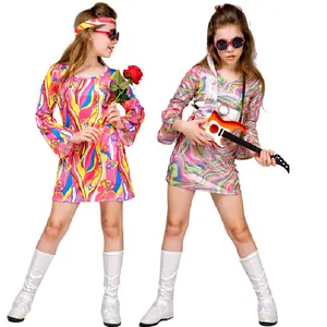 Дети хиппи костюм для девочек а-ля 60ые Винтаж знак мира и повязка на голову; Детский костюм на Хеллоуин диско праздничное платье