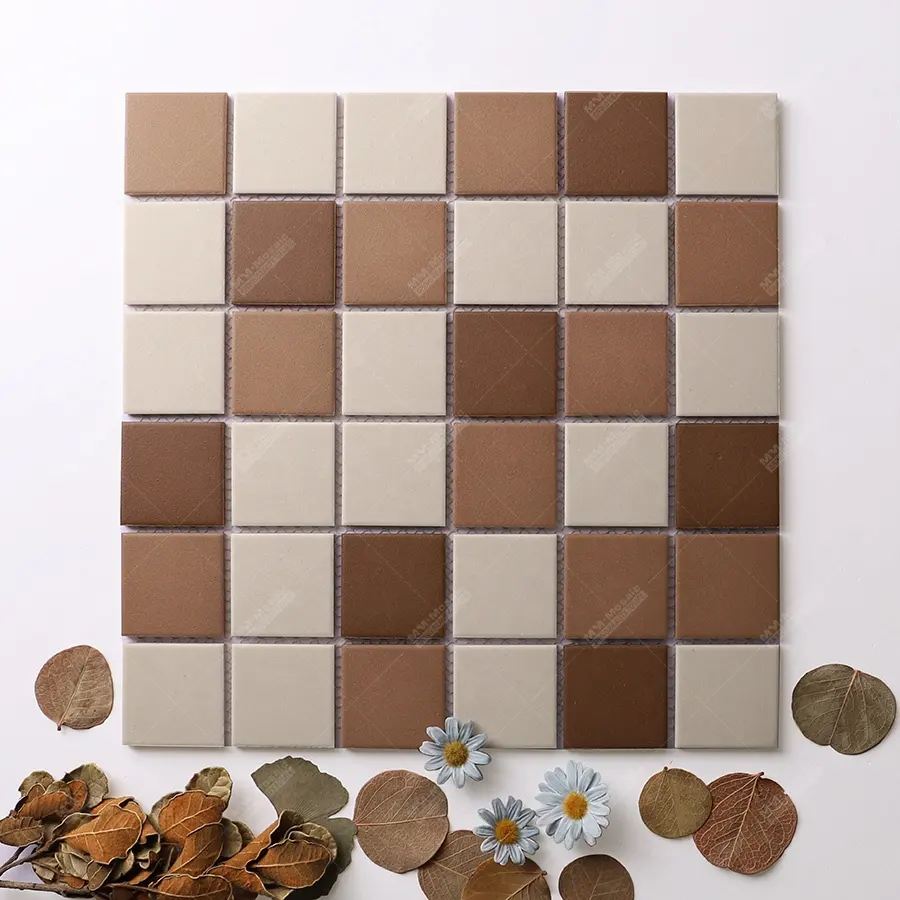 48x48mm Square Brown Mix Fullbody Unglazed Anti Slip Ceramic Mosaic Wall Tile For Hotel Bathroom Kitchen Shower Floor Decoration