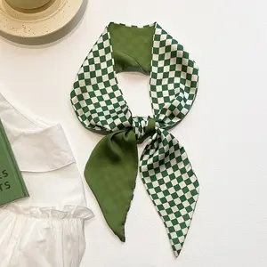 Spring Fresh Green Print Flowers Paid Scarf Hairbands Ribbon Hair Tie Women Ponytail Silk Scarf