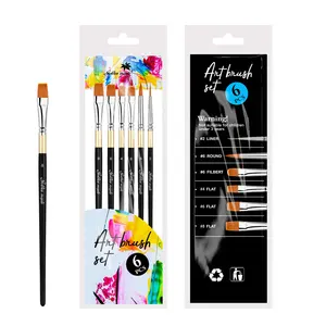 Custom Logo 6pcs Black Gold Tip Wood Handle Artist Watercolor Brushes Nylon Hair Acrylic Paint Brush Set