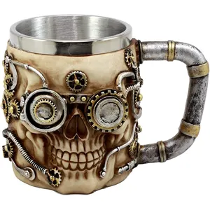 3D Steampunk นักสืบกะโหลกศีรษะแก้วกาแฟที่มีซับสแตนเลส
