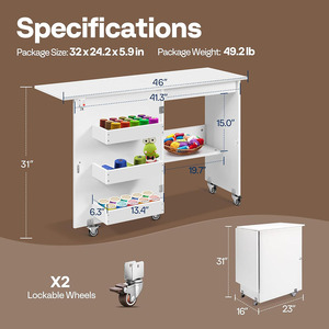 Tavolo da cucito pieghevole bianco con scrivania in legno ripiani per cucire ascensore per piccoli spazi - Product Image 3